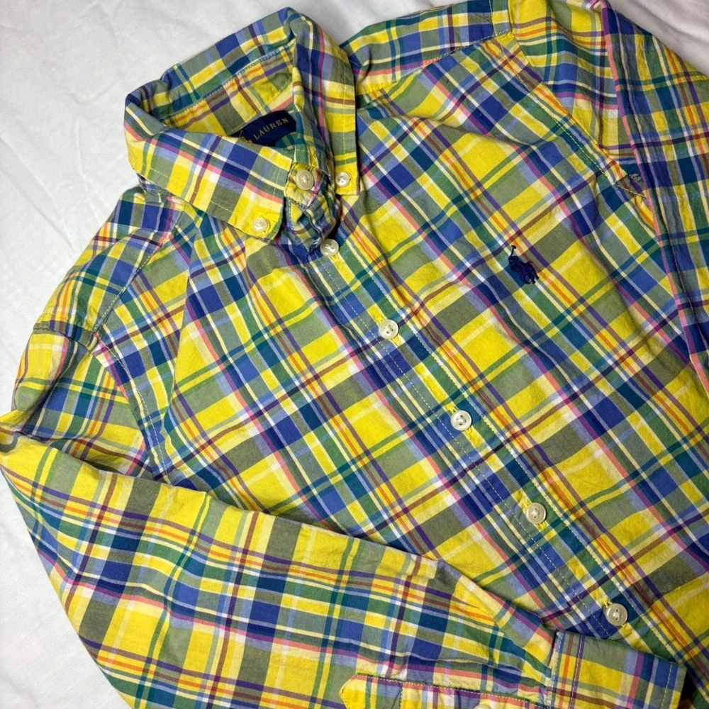Ralph Lauren Boys Yellow Blue Plaid Button Down Shirt Sz S 8‎ Long Sleeve Cotton